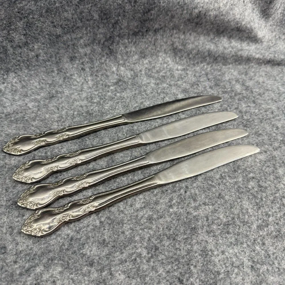Stainless Korea Dinner Knives Rose Pattern Set of‎ 4 Flatware Replacements